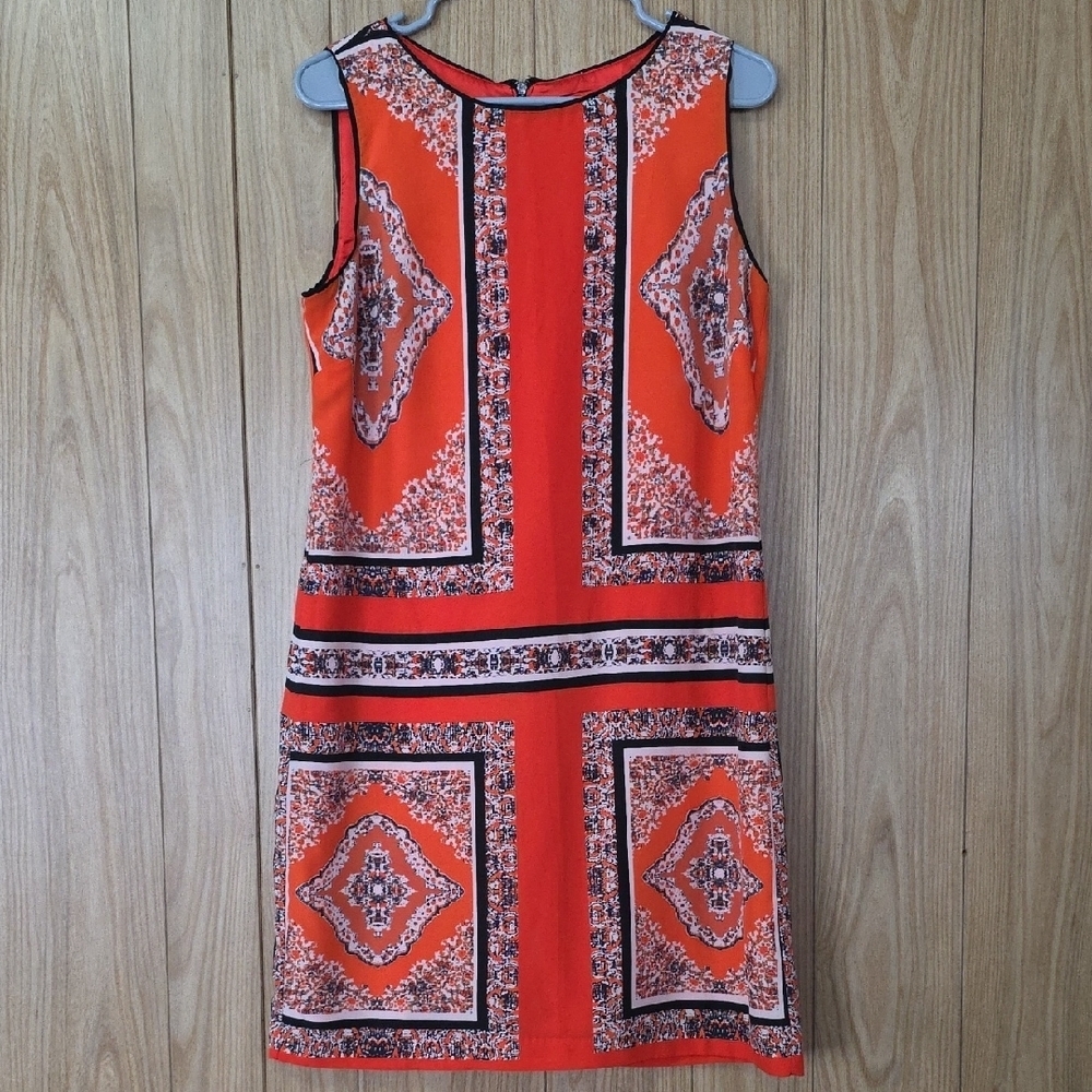 Carmen Marc Valvo Vibrant Orange Geometric Mini Dress